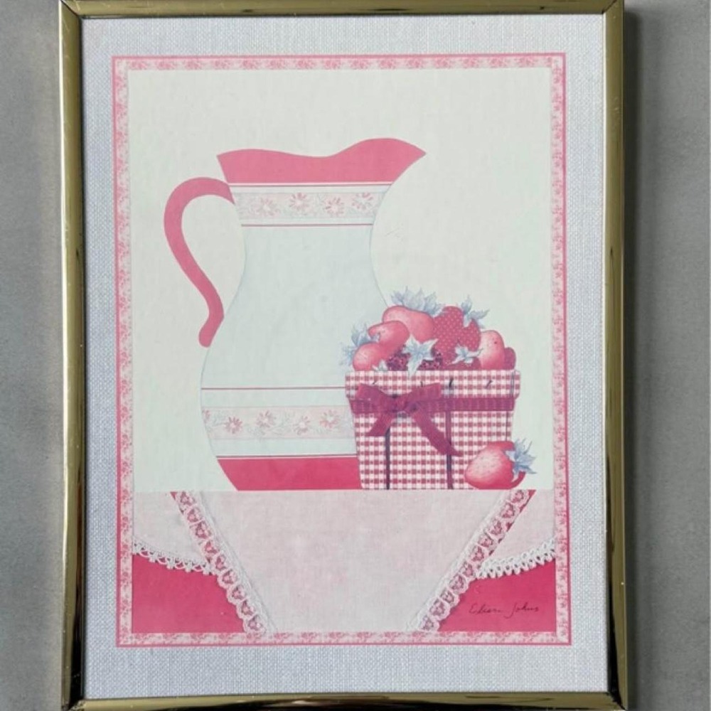 Eileen Johns Strawberry Pitcher Gingham Framed Art Print Pink White Gold Frame
